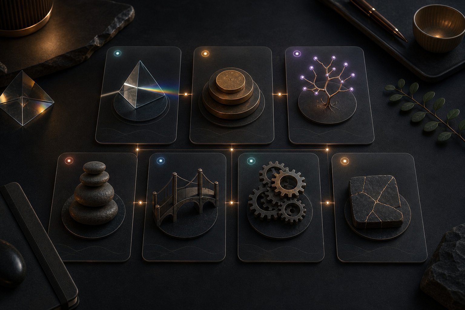Abstract cards showing entrepreneurial skill examples as objects.