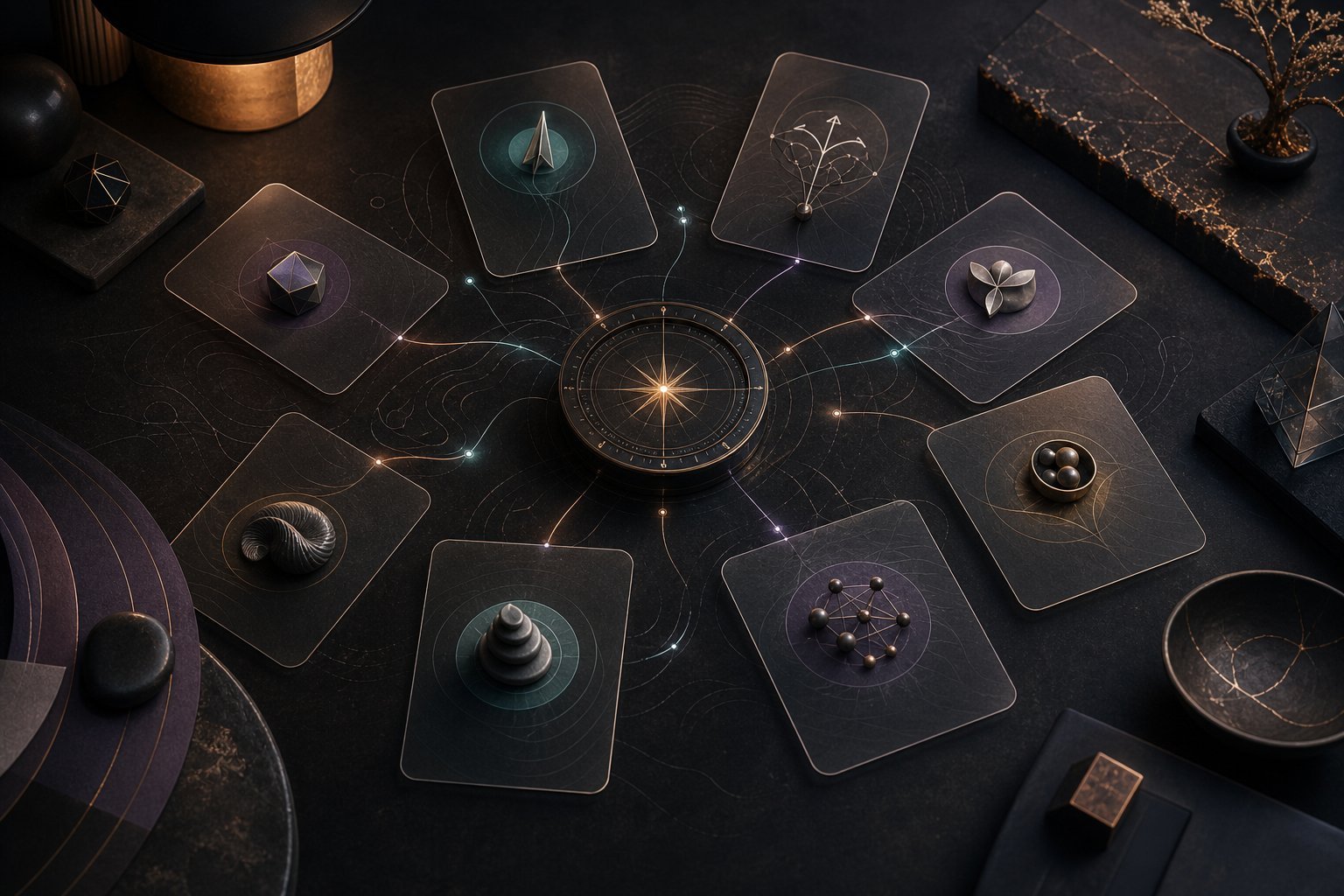 Abstract dark entrepreneurial skills atlas with glowing connections between skill cards.