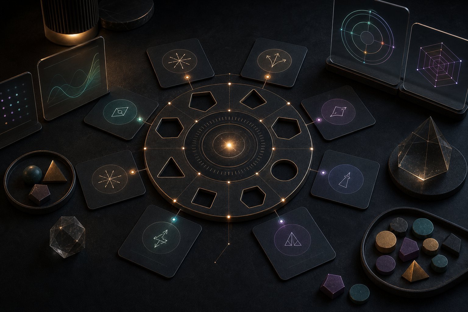 Abstract entrepreneurial skills test instrument with empty geometric sockets.