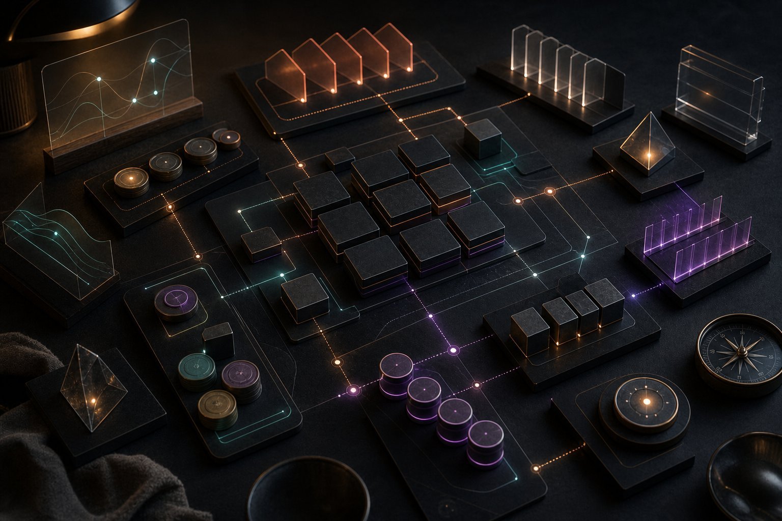 Abstract workplace entrepreneurship grid with glowing routes.
